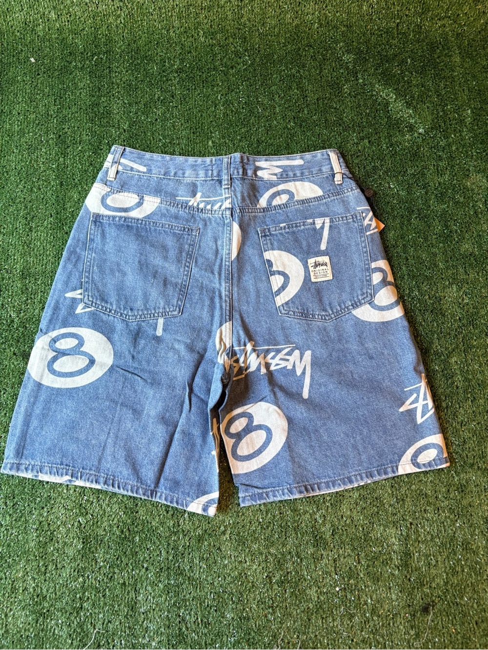 Stussy Blue Denim Shorts with White Graphic Print - Picture 3 of 6